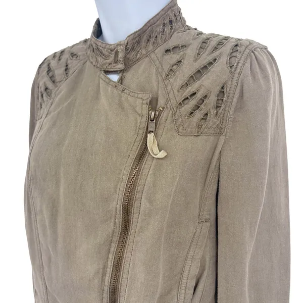 Free People Moto Jacket Women 4 Brown Olive Eyelet Embroidered Linen Cotton - Image 4