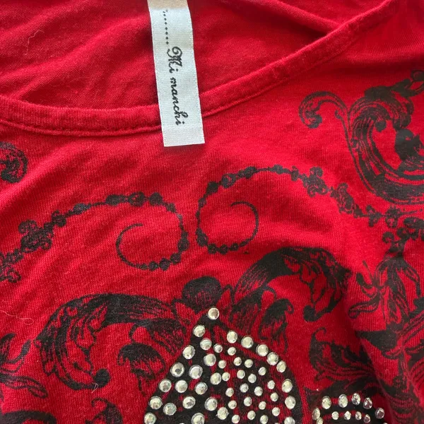 Y2K Gothic Rhinestone Fleur-de-Lis Mesh Sleeve Top ❤️ Red & Black Baroque | Mi Manchi Small - Image 7