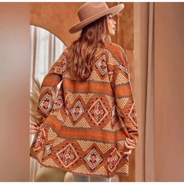 Savanna Jane Southwestern Sweater Brown Coastal Cowgirl Pattern Cardigan Large - Image 2