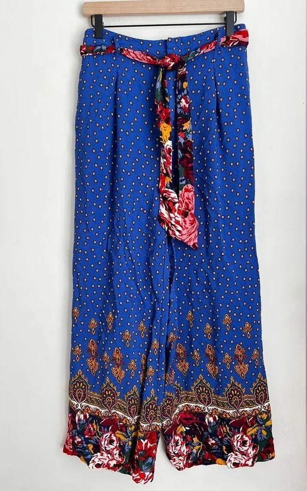 Anthropologie Ett Twa Printed Wide Leg Floral Pants Royal Blue 6 - Image 2