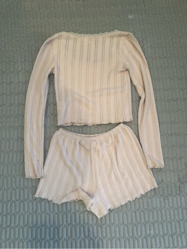 Pink Rose Ribbed Button-Front Long Sleeve Top & Shorts Sleep Set - Light Pink - Image 3