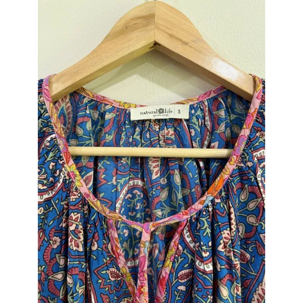 Natural Life Blue Paisley Floral Boho Mini Dress Smocked Sleeve Women Small - Image 3
