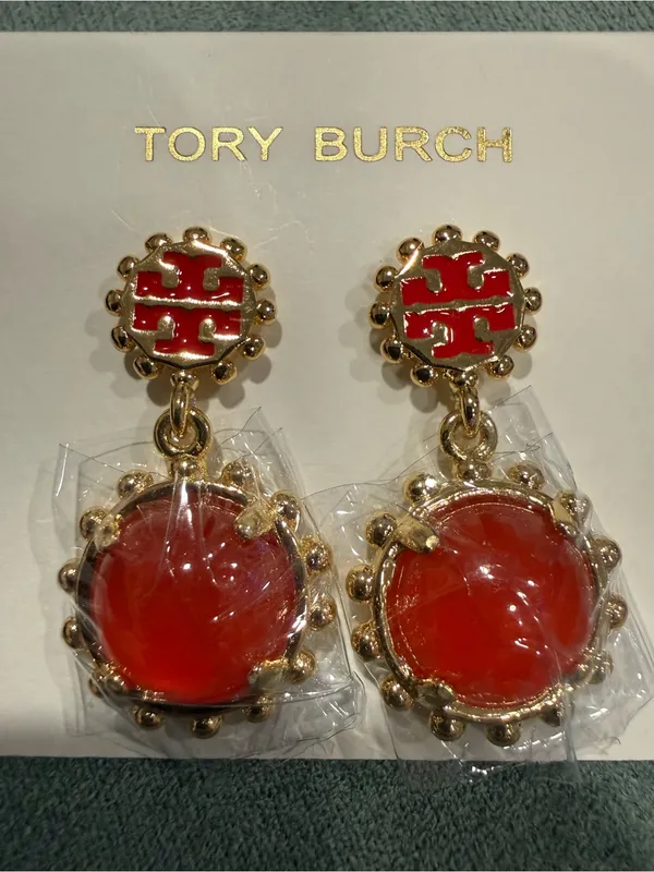 Tory Burch | Red/Orange Gold Plated Drop Logo Earrings - Image 2