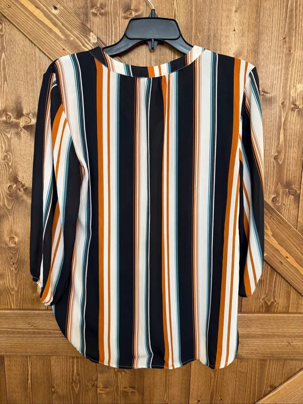 Maurices Women’s Medium Striped Button Front 3/4 Sleeve Blouse Black Orange Teal - Image 5