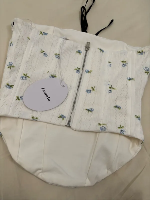 Loucia White Blue Floral Pointelle Corset Tube Top Lace Trim Size S NWT - Image 5