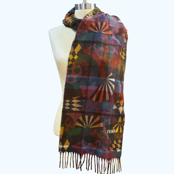 FENDI Multicolor Geometric Abstract Scarf Embroidered Logo Fringe Bohemian Fall - Image 2
