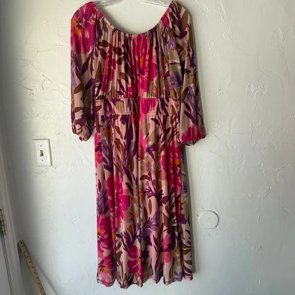 Kathy Ireland Floral Boho Midi Dress Pink Purple Tassel‎ Tie Waist Size L Resort - Image 7
