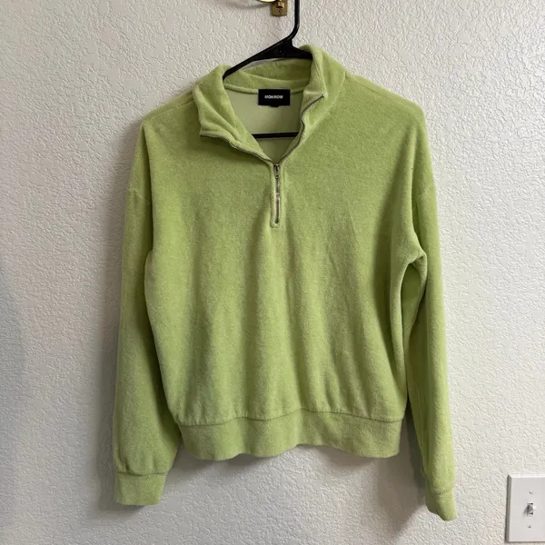 MONROW Terry Cloth Half Zip in Lettuce Size XS Green - Image 2
