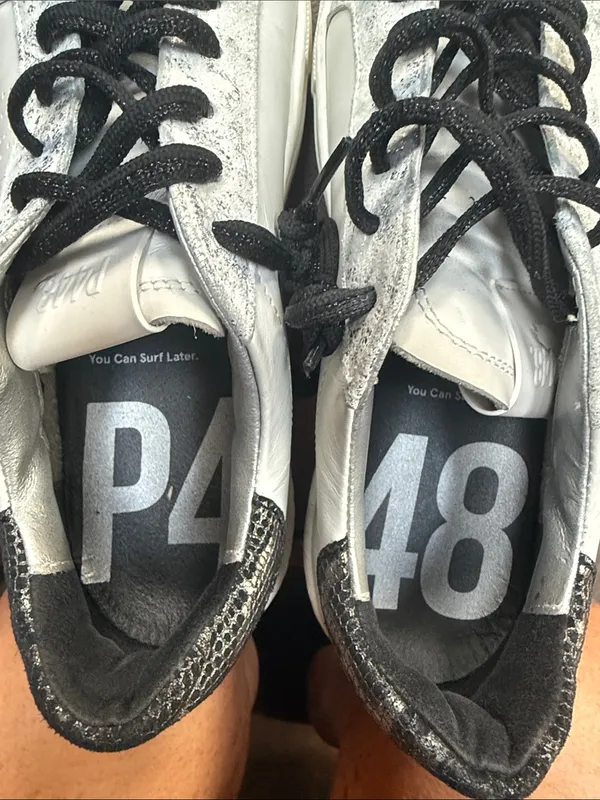 P448 White Sneakers with Black Snake-Print Heel - Image 6