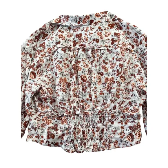 Anthropologie Gauzy Cream Floral‎ Button Front Cropped Blouse Rust Long Sleeve - Image 12