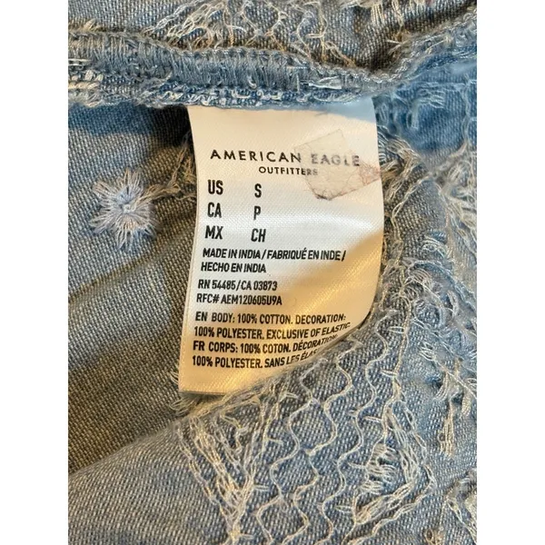 American Eagle Smocked Denim Peplum‎ Top Womens Small Blue Embroidered Babydoll - Image 8