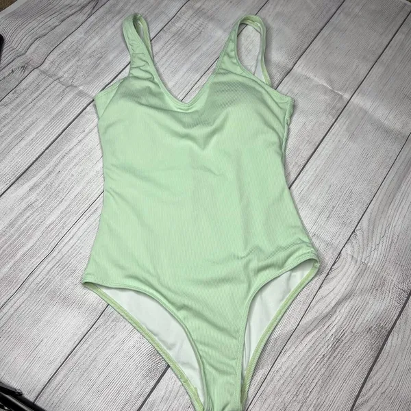 Zaful Sage Green Crinkle Ribbed One Piece Deep Scoop Neck One Piece Swimsuit S - Image 4