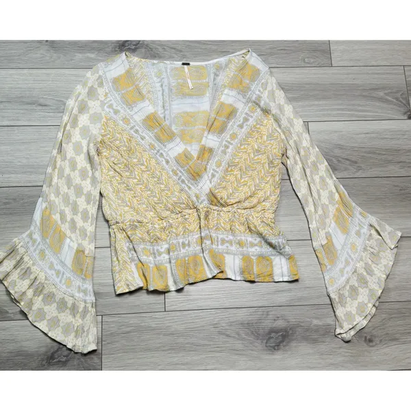 Free People Boho Peplum Top Mustard Floral Long Sleeve V-Neck" Sz S/P - Image 3