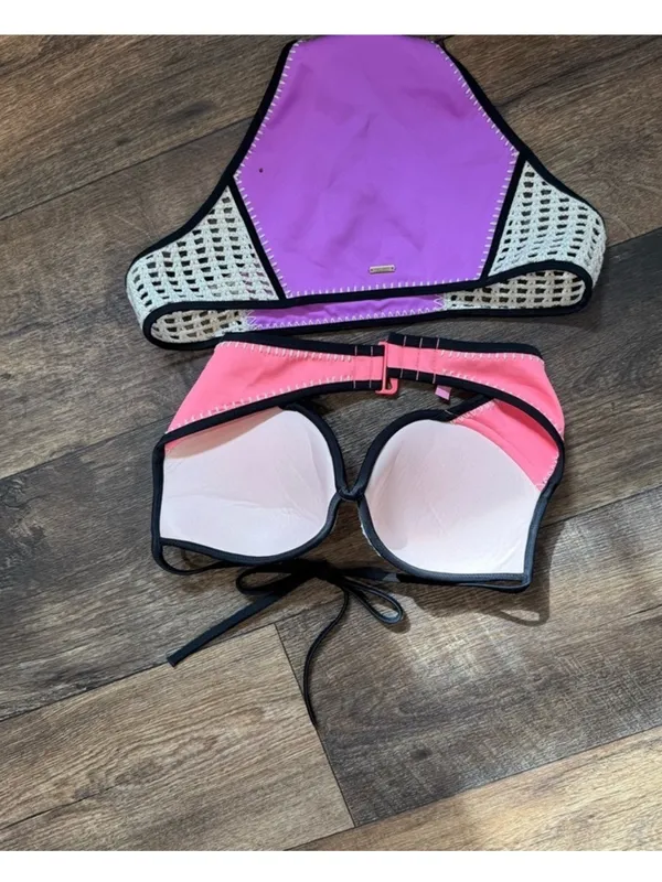 Victoria's Secret Purple Bikini Set with Black & Coral Accents - Image 3