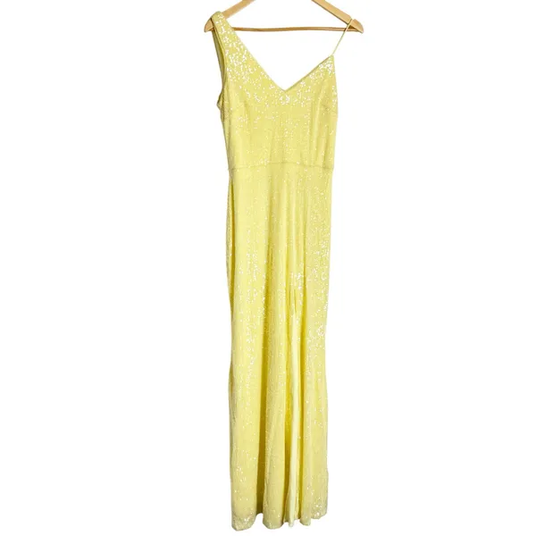 Xscape Yellow Sequined Asymmetric Neck Slit Sleeveless V-Neck Formal Gown Size 6 - Image 9