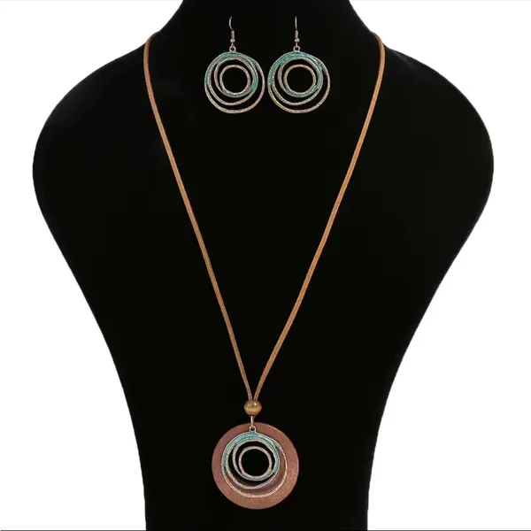 Boho Vintage Style Necklace/Earrings‎ Set Hollow Spiral Design Zinc Alloy Wood - Image 4