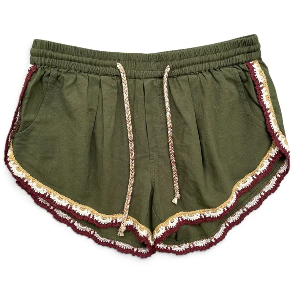 Free People Coastal Cruise Olive Green Crochet Trim Boho Pull On Shorts S/M NWT - Image 7