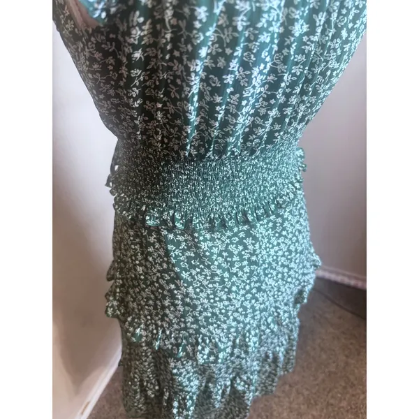 Dark Green Floral Milkmaid Mini Dress Smocked Waist Cottagecore Ruffle Small - Image 5