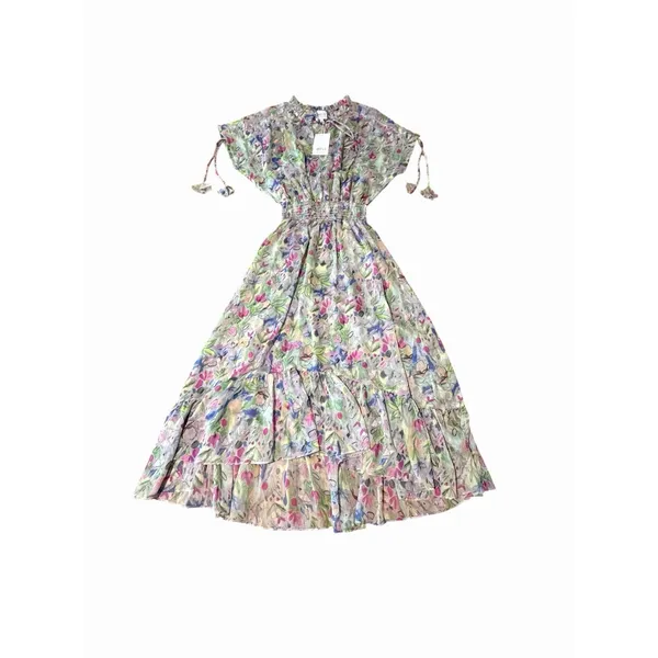 MISA Los Angeles Dress Small Watercolor Floral Midi Smocked Rainbow Boho #BB13-1 - Image 11