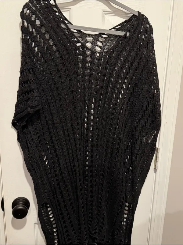 Black Open Knit Crochet Swim Cover Up One Size Boho Beach Tunic Poncho - Image 2