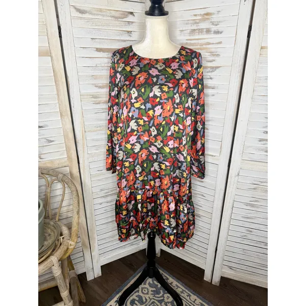 COMPANIA FANTASTICA Women's XL Satin Multicolor Floral Shift Dress Ruffle Hem - Image 2