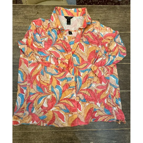 Ali Miles Size 2X Top Snap Up 2 Pc Tank Blouse Pink Crinkle Colorful Retro Mod - Image 2