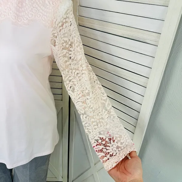 Bedford Fair Lace Sleeve Mock Neck‎ Shirt Pink Large Tee Coquette Victorian Soft - Image 6
