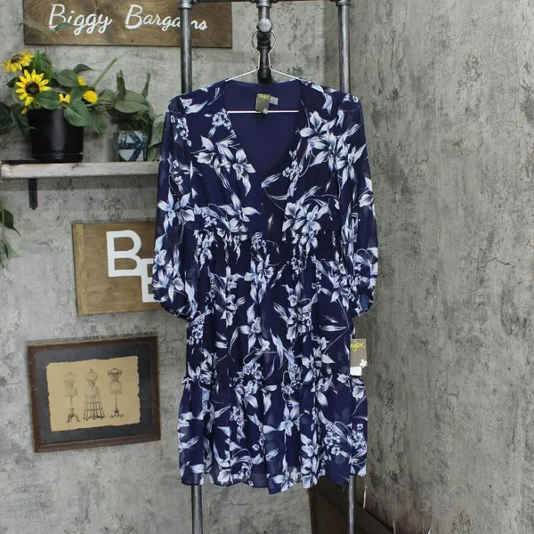 NWT Taylor Floral-Print Chiffon Smocked A-Line Dress 2835M 2 Navy Blue / Ivory - Image 5