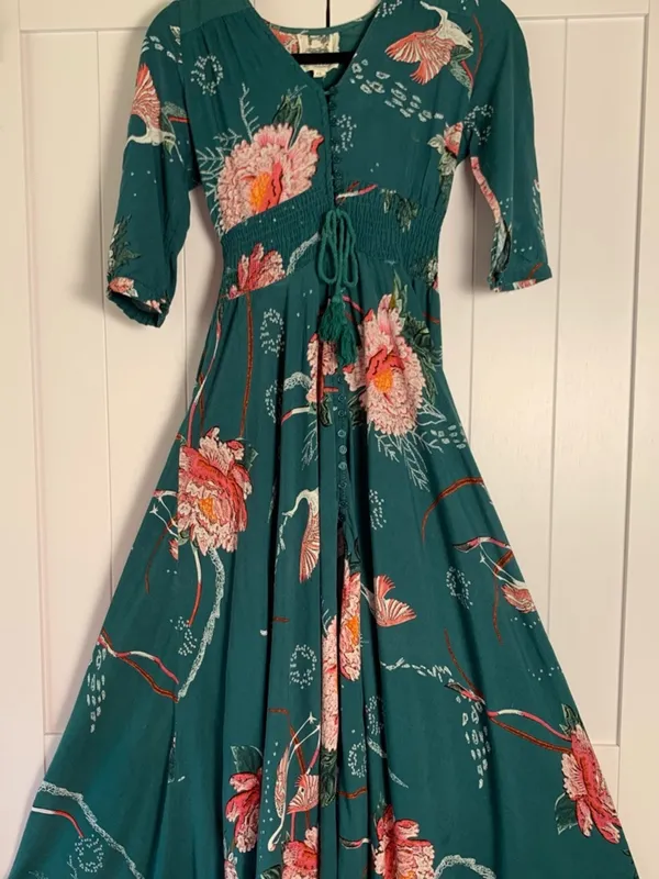 Jaase Maxi Dress XS Teal Floral Boho Autumn Wedding Guest Smocked V-Neck - Image 2
