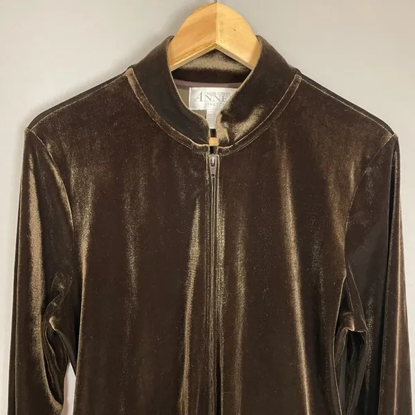 Vintage Velour Sweatshirt Zip-Up Tracksuit Brown Velvet‎ Women Size Large Jacket - Image 4