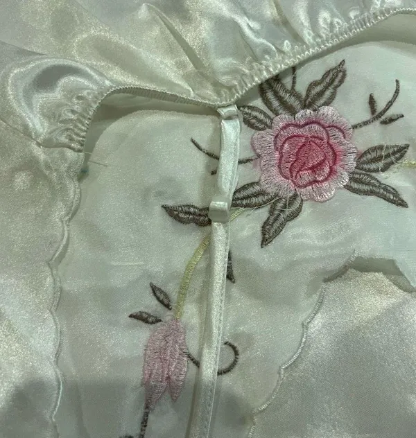 Vintage White Pink Floral Detail Spaghetti Strap Long Nightgown - Image 6