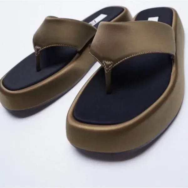 Zara Satin Effect Low Heel Platform Sandals Green Khaki Size EU 36 Minimalist - Image 2