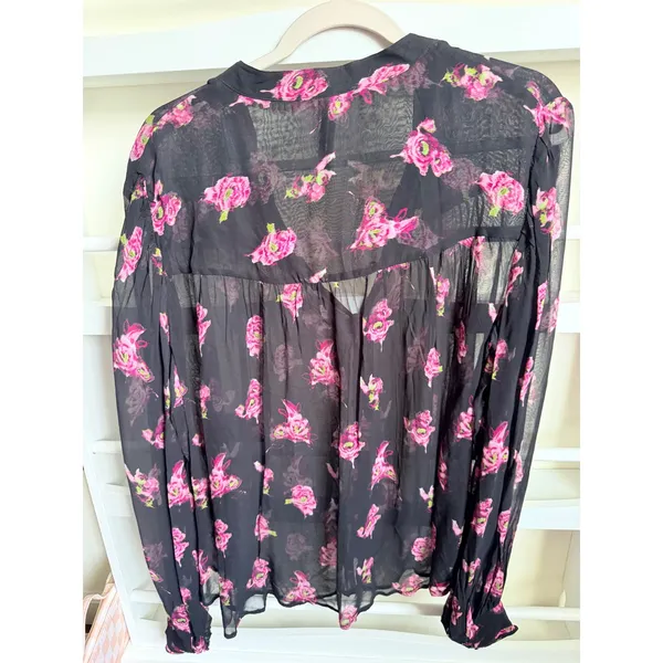 Anthropologie Pink Floral Sheer Button Front Blouse Black Viscose XL Pom Pom - Image 3