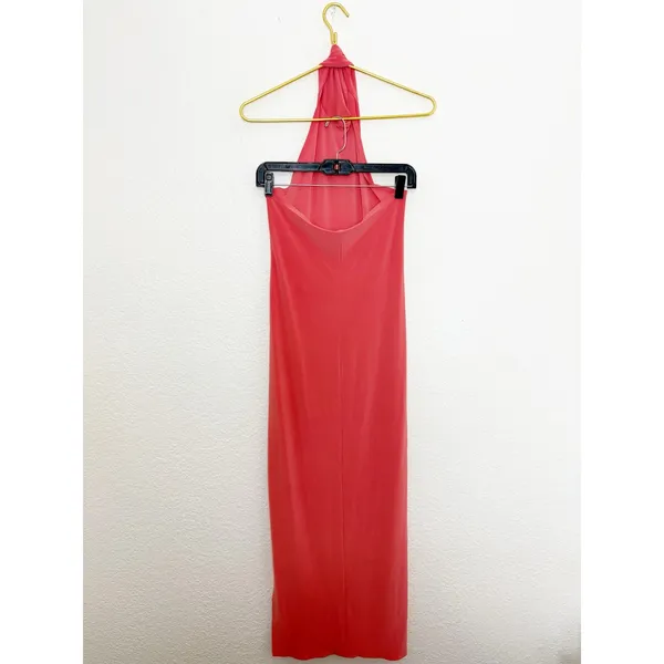 Norma Kamali Halter Turtleneck Side Slit Maxi Dress Size XS Coral Jersey Stretch - Image 13