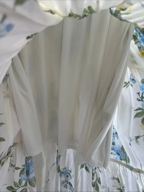 White Blue Yellow Floral Tiered Midi Dress Lace Tie Straps Large - Image 10