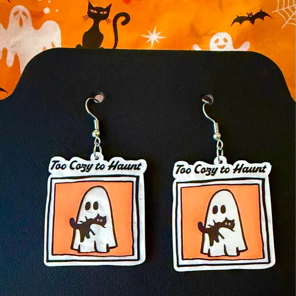 "Too Cozy to Haunt" Ghost & Black Cat Halloween Dangle Earrings 👻🐈‍⬛ - Image 3