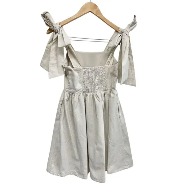 Miou Muse Linen Blend Tie Shoulder Mini Dress Oatmeal Beige Small Boho NWT - Image 7