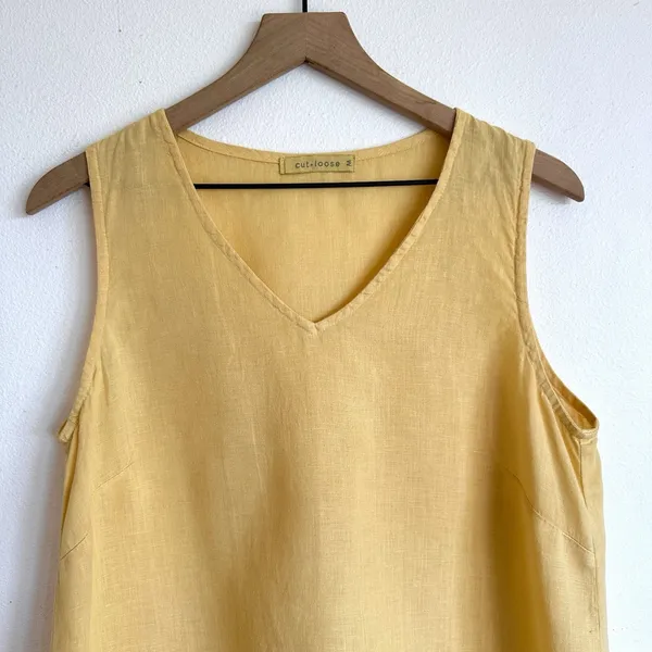 Cut Loose 100% Linen V-Neck Tunic Top M Butter Yellow Lagenlook Minimalist USA - Image 2