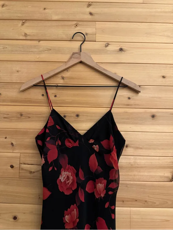 Vintage Y2K Small Black Red Floral Rose Ruffle Maxi Dress Salsa Whimsigoth Party - Image 2