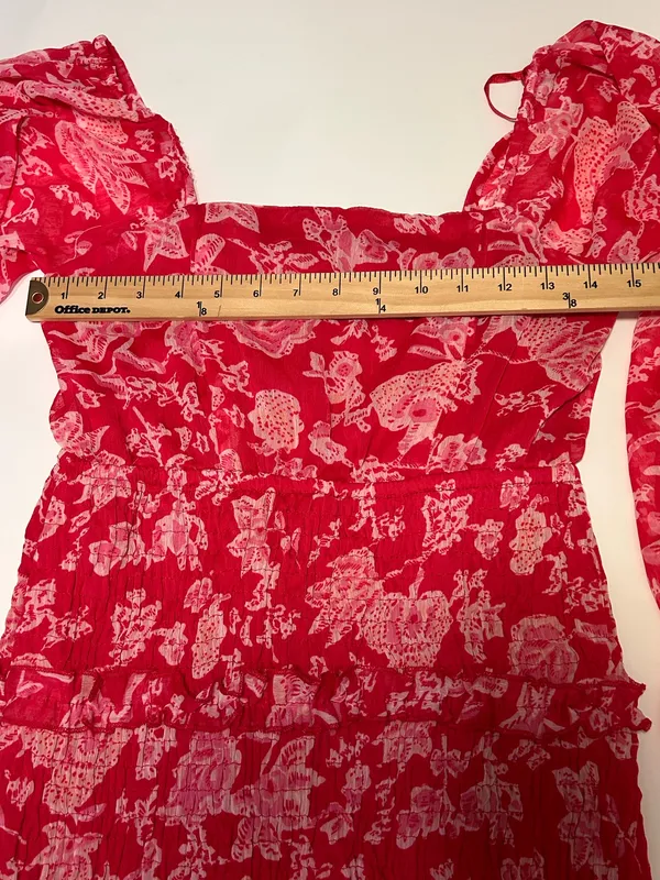 Sim & Sam Red Floral Smocked Ruffle Mini Dress Long Sleeve Medium - Image 4