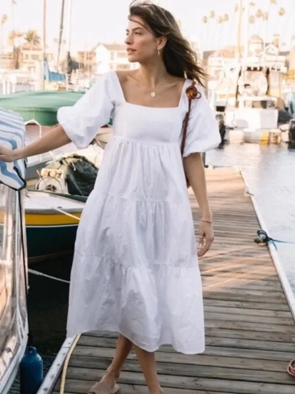 FAITHFULL THE BRAND Kiona Puff Sleeve Smocked Cotton Tiered Midi Dress - Image 3