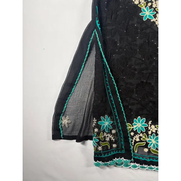 Boho‎ Floral Hand Embroidered Kurta Tunic Top Black Turquoise Scallop Trim M/L - Image 7