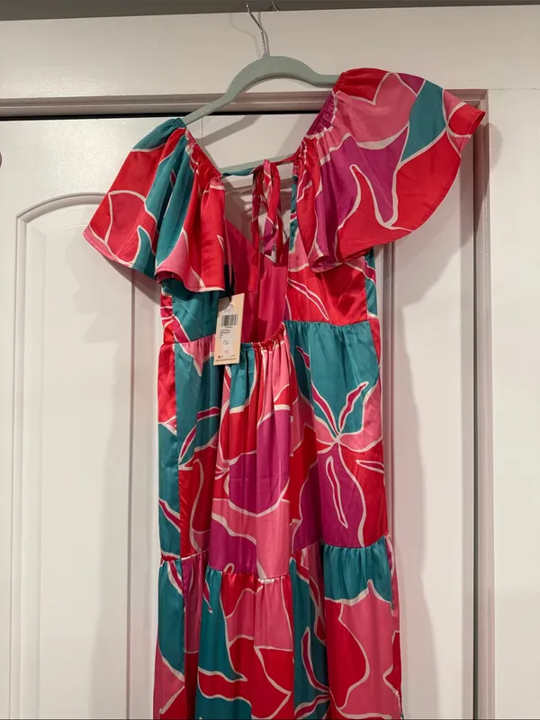 Pink Martini Coral, Pink & Teal Floral Tiered Maxi Dress medium‎ nwt - Image 5