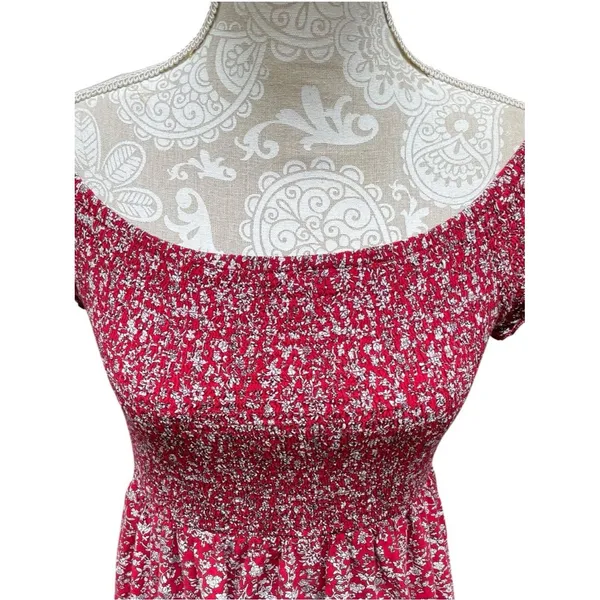 Cottagecore Boho Off Shoulder smocked Floral Maxi Dress Beach Slit Red white M/L - Image 5