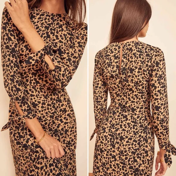 Reformation Port Midi Long Sleeve Dress in Leopard Print Size 6 - Image 5