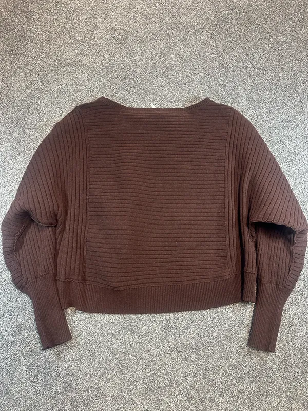 Free People Women’s Large Brown Ribbed Knit Sweater Dolman Balloon Sleeve Boho - Image 4