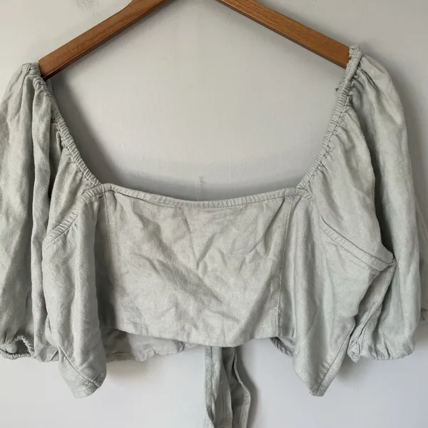 Abercrombie & Fitch Linen Blend Crop Top Flowy Blouse Front Tie Green Size XL - Image 4