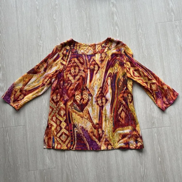 Chicos Blouse Womens Size 2 Large Multicolor Silk Sheer Beaded Tunic Top Boho - Image 13