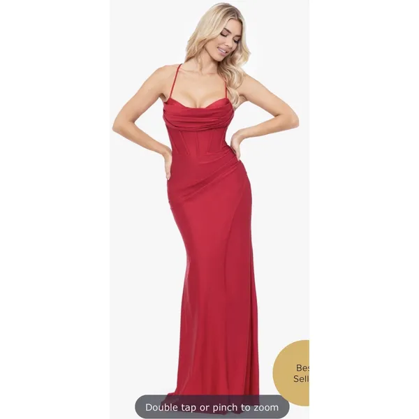 Betsy And Adam A26239 Red Satin Evening Gown Size 8 Corseted - Image 2