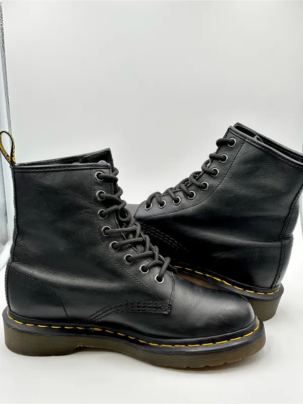 Dr. Martens Black Leather 8-Eye Lace-Up Boots with Yellow Stitching - Image 9